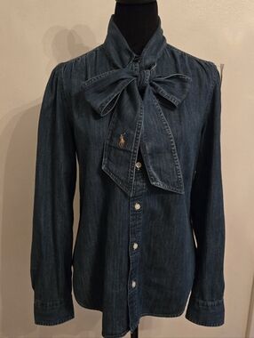 Ralph Lauren Polo Denim And Supply Womens Denim Button Up Shirt With Bow Size 10